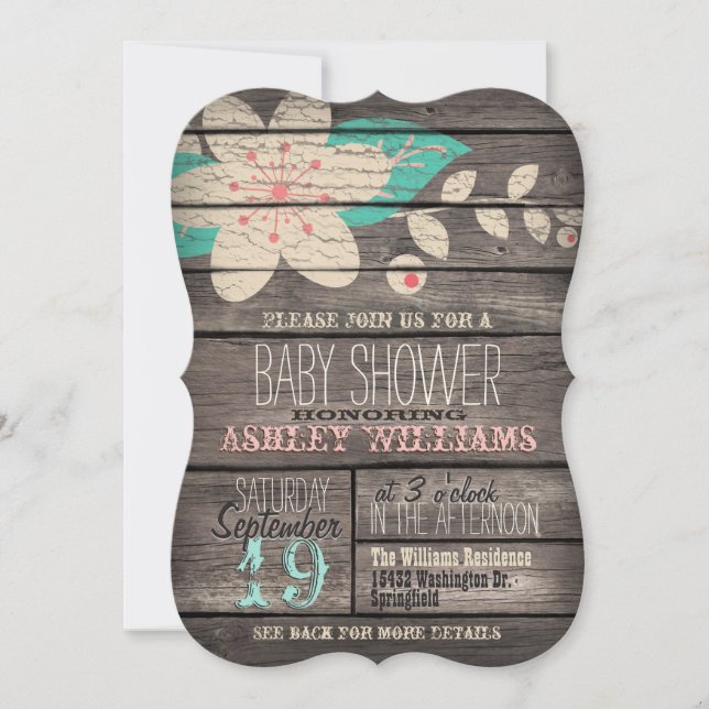 Turquoise & Pink Flower on Rustic Wood Baby Shower Invitation (Front)