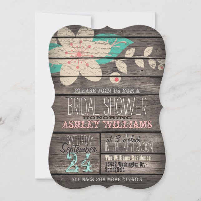 Turquoise Pink Flower on Rustic Wood Bridal Shower Invitation (Front)