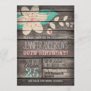 Turquoise, Pink Flower, Rustic Adult Teen Birthday Invitation