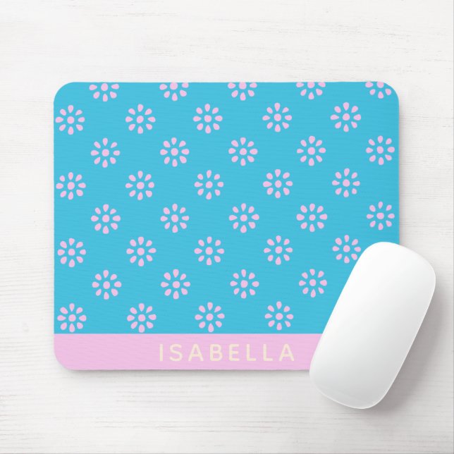 Turquoise Pink Flowers Boho Pattern Personalised Mouse Pad (With Mouse)