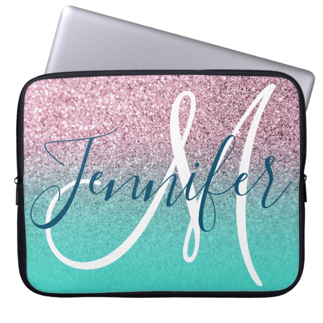 Turquoise Pink Glitter Ombre Girly Monogram Laptop Sleeve (Front)