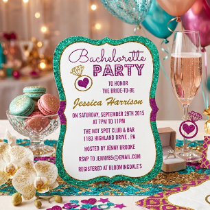 Turquoise, Pink & Gold Glitter Bachelorette Party Invitation