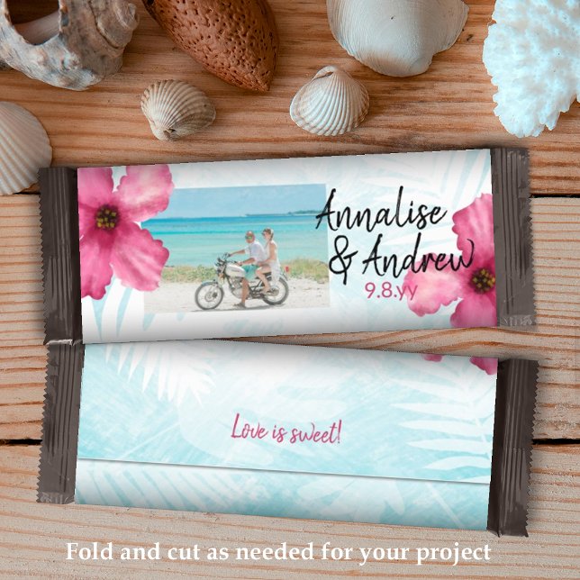 Turquoise Pink Hibiscus Wedding Candy Bar Wrapper (pink hibiscus tropical wedding candy chocolate bar personalized wrapper budget diy alternative candy)