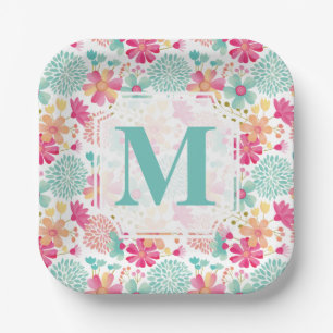 Turquoise Pink Painted Floral monogram Napkins Paper Plate