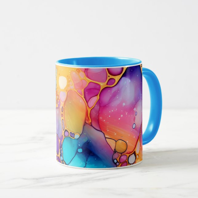 Turquoise Pink Peach Purple Alcohol and Ink Design Mug (Front Right)