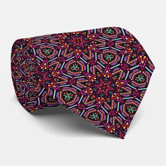 Turquoise Pink Purple Orange Kaleidoscope Pattern Tie (Rolled)