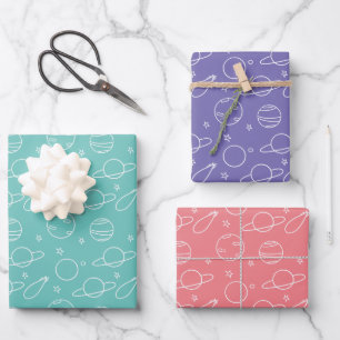 Turquoise Pink Purple White Outer Space Planets Wrapping Paper Sheet