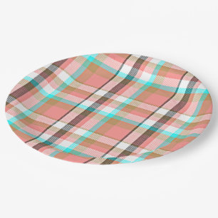Turquoise Pink Retro Chic Tartan Plaid Pattern Paper Plate