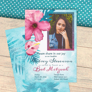 Turquoise, Pink Tropical Flowers Bat Mitzvah Invitation