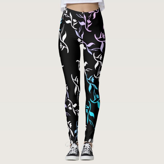 Turquoise Pink White Leaves Pattern Leggings (Front)
