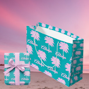 Turquoise Pink White Palm Aloha Tropical  Large Gift Bag