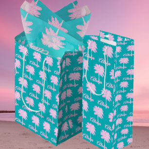 Turquoise Pink White Palm Aloha Tropical  Medium Gift Bag