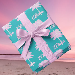 Turquoise Pink White Palm Aloha Tropical Wrapping Paper