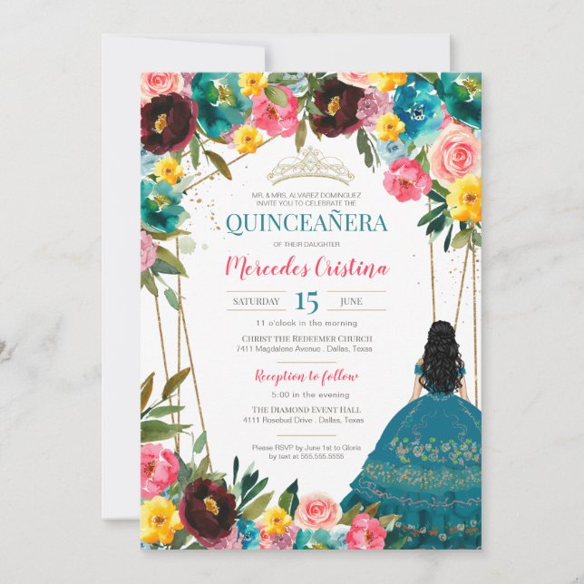Turquoise Pink Yellow Festive Floral Quinceanera  Invitation (Front)