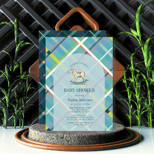 Turquoise Plaid Rocking Horse Boy Baby Shower Invitation
