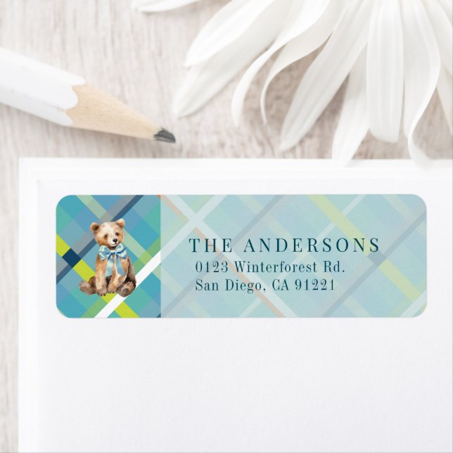 Turquoise Plaid Teddy Bear Bow Return Address Label (Insitu)