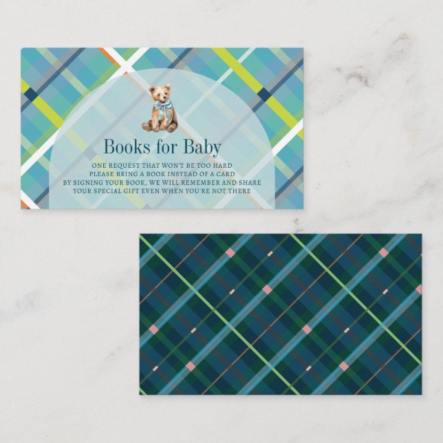 Turquoise Plaid Teddy Bear Boy Baby Book Request Enclosure Card (Front/Back)