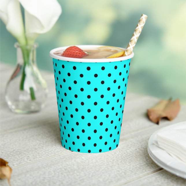 Turquoise polka dot background paper plate cups (Insitu)