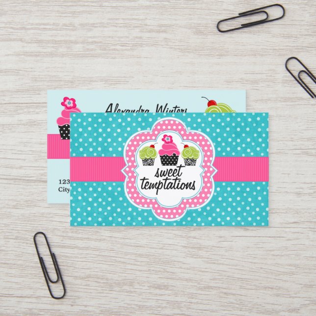 Turquoise Polka Dot Cupcake Bakery Business Card (Front/Back In Situ)