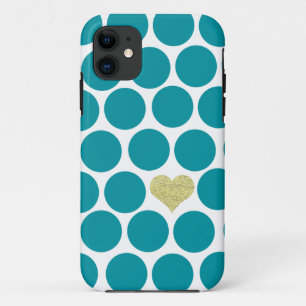 Turquoise Polka Dots Glitter Heart iPhone iPhone 11 Case