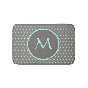 Turquoise polka dots monogrammed grey bath mat