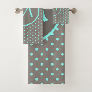 Turquoise polka dots monogrammed grey bath towel set