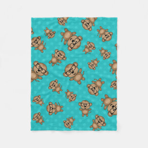 Turquoise polka dots nerd monkey fleece blanket