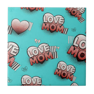 Turquoise Pop Art MOM Hearts Pattern Ceramic Tile