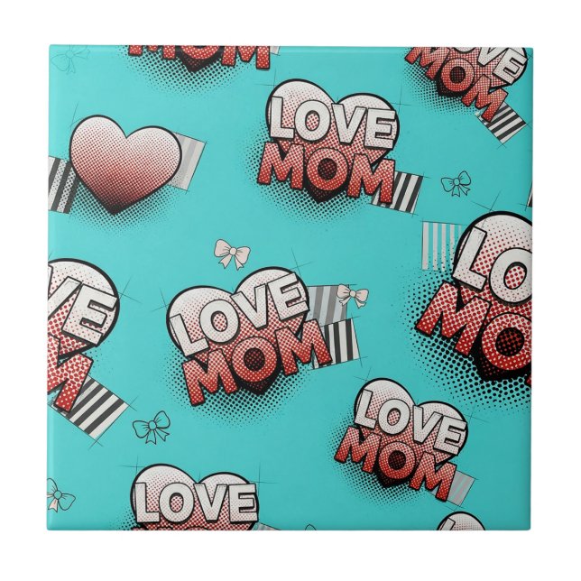 Turquoise Pop Art MOM Hearts Pattern Ceramic Tile (Front)