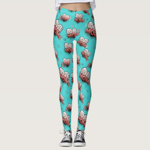 Turquoise Pop Art MOM Hearts Pattern Leggings