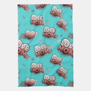 Turquoise Pop Art MOM Hearts Pattern Tea Towel