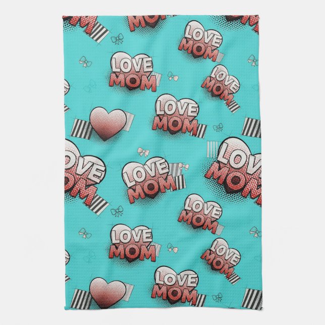 Turquoise Pop Art MOM Hearts Pattern Tea Towel (Vertical)