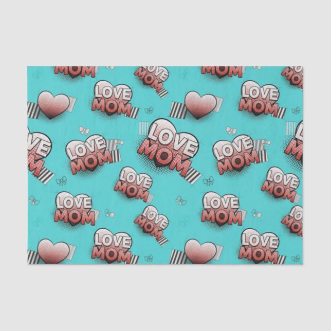 Turquoise Pop Art MOM Hearts Pattern Tissue Paper (Front)