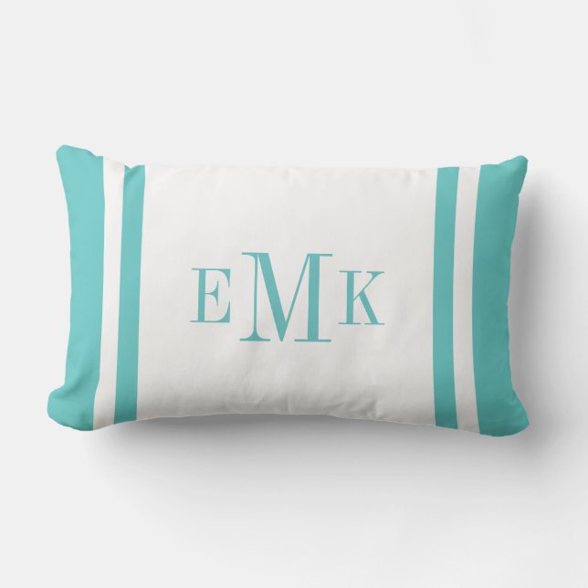 Turquoise Preppy Ribbon Dots Custom Monogram Lumbar Cushion (Front)