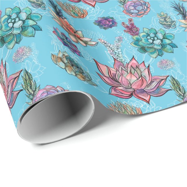 *~ Turquoise Pretty  Blue Green Succulent Pattern Wrapping Paper (Roll Corner)