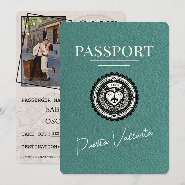 Turquoise Puerta Vallarta Passport Save The Date (Front/Back)