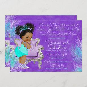 Turquoise Purple Afro Puff Baby Shower Watercolor Invitation
