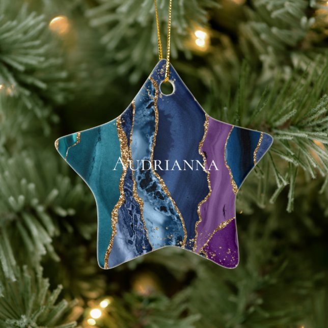 Turquoise Purple Blue Gold Glitter Marble Ceramic Ornament (Tree)