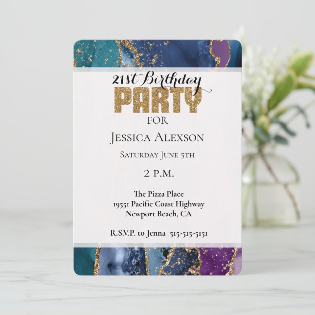 Turquoise Purple Blue Gold Glitter Marble Invitation (Standing Front)