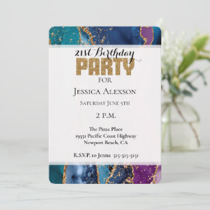 Turquoise Purple Blue Gold Glitter Marble Invitation