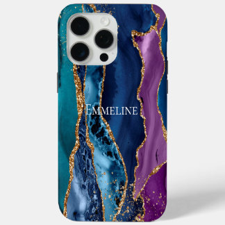 Turquoise Purple Blue Gold Glitter Marble iPhone 15 Pro Max Case