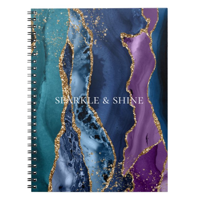 Turquoise Purple Blue Gold Glitter Marble Notebook (Front)
