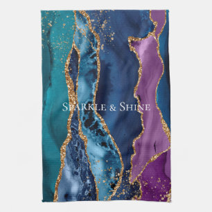 Turquoise Purple Blue Gold Glitter Marble Tea Towel