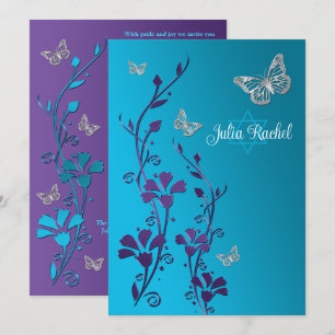 Turquoise, Purple Floral, Butterflies Bat Mitzvah Invitation