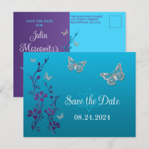 Turquoise, Purple Floral, Butterflies Bat Mitzvah  Postcard