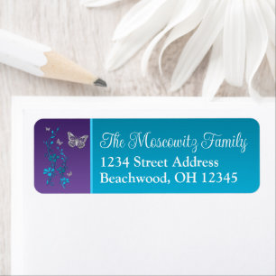 Turquoise, Purple, Floral, Butterflies Bat Mitzvah Return Address Label