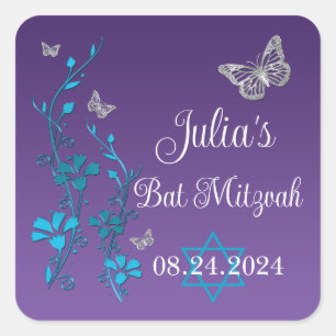 Turquoise, Purple Floral, Butterflies Bat Mitzvah Square Sticker