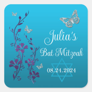Turquoise, Purple Floral, Butterflies Bat Mitzvah  Square Sticker
