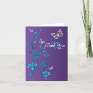 Turquoise, Purple Floral, Butterflies Thank You Card