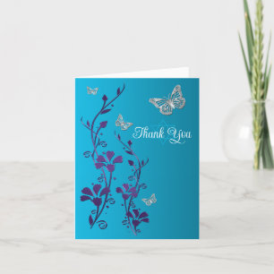 Turquoise, Purple Floral, Butterflies Thank You Card
